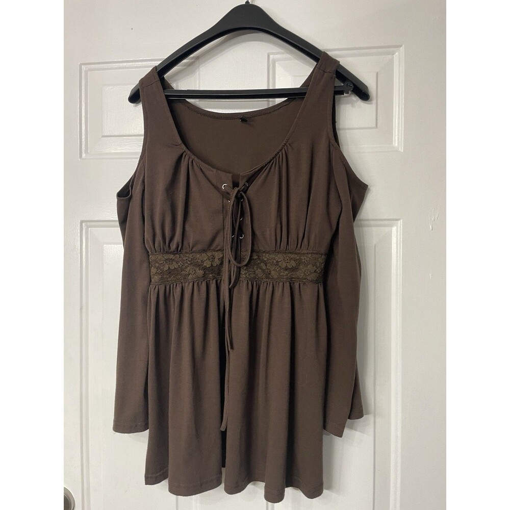 Women's Brown Cold-Shoulder Lace-Up Top Cottage Core Fairy Core Y2K